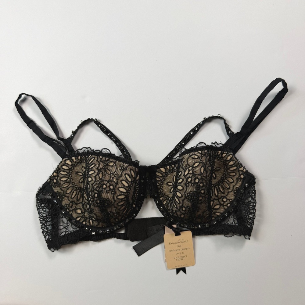 Victoria's Secret Gothic Glam Womens Rhinestone Studded Lace Cage Bra Black